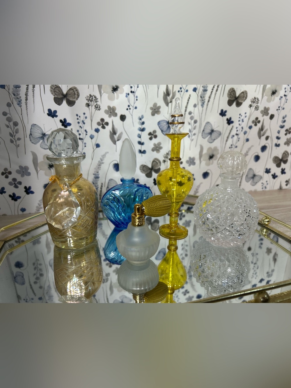 Decorative Glass Perfume Bottles Set - Blue, Yellow, Clear, Gold Accents